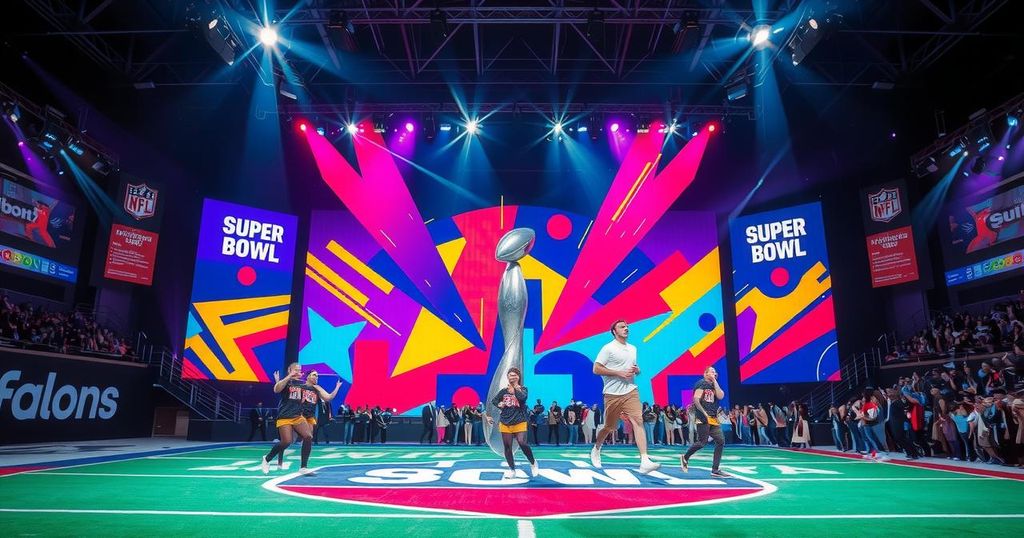 Dynamic Super Bowl halftime performance symbolising the blend of sports and activism with vivid colours and impactful elements.
