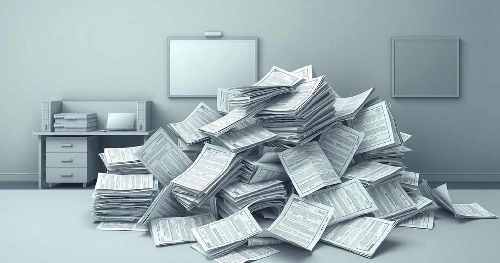 Rappresentazione di un ufficio governativo con regolamenti cartacei in fase di smaltimento, in stile minimalista.