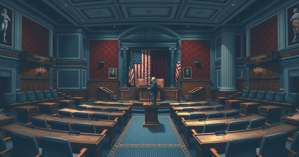 Senate chamber with flags, desks, and empty seats, illustrating bipartisan conflict over trade policy.