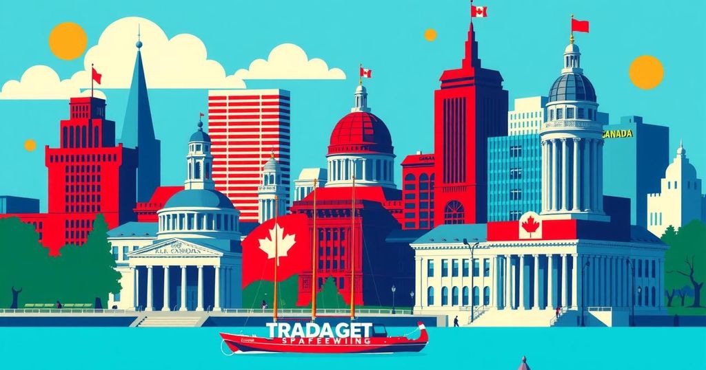 Scena politica canadese con simboli di commercio, bandiere e un edificio governativo, in stili artistici e colori vivaci.