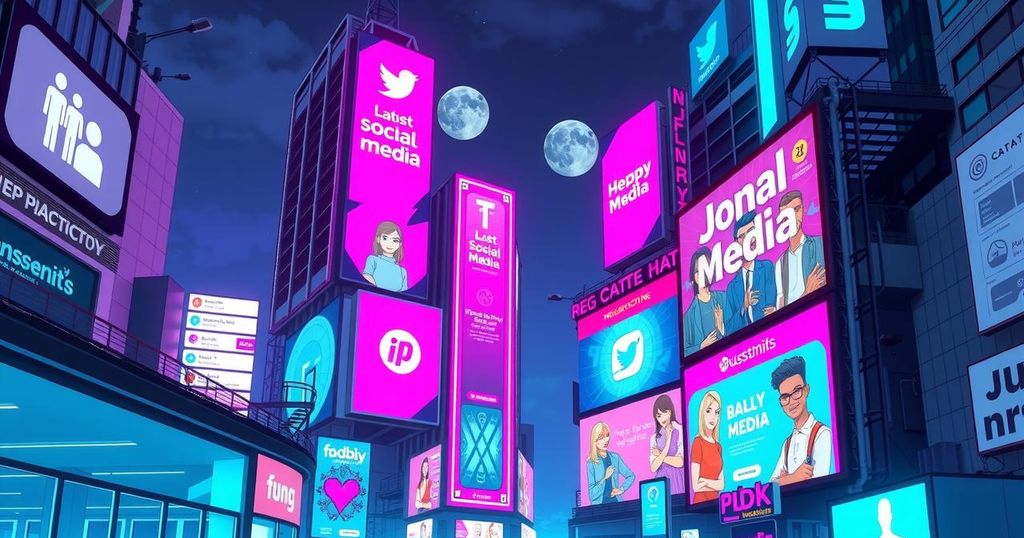 A futuristic cityscape featuring vibrant digital billboards and a transformative skyline in a bold colour palette.