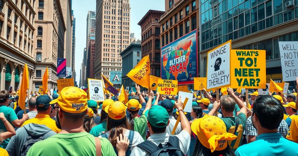 Manifestazione politica vivace con bandane gialle e striscioni di richieste sociali a New York.