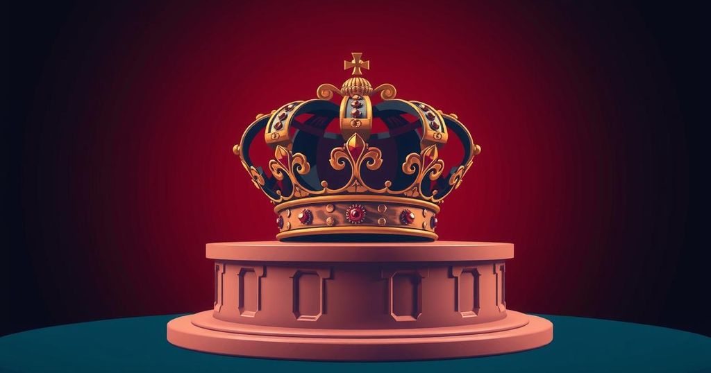 Stilized depiction of a crown on a podium with a contrasting color background.