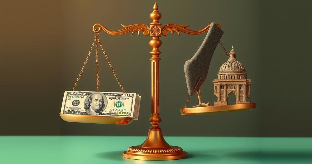 Un simbolo di denaro e controllo politico, con bilancia e dollari per rappresentare l'influenza dei ricchi in politica.