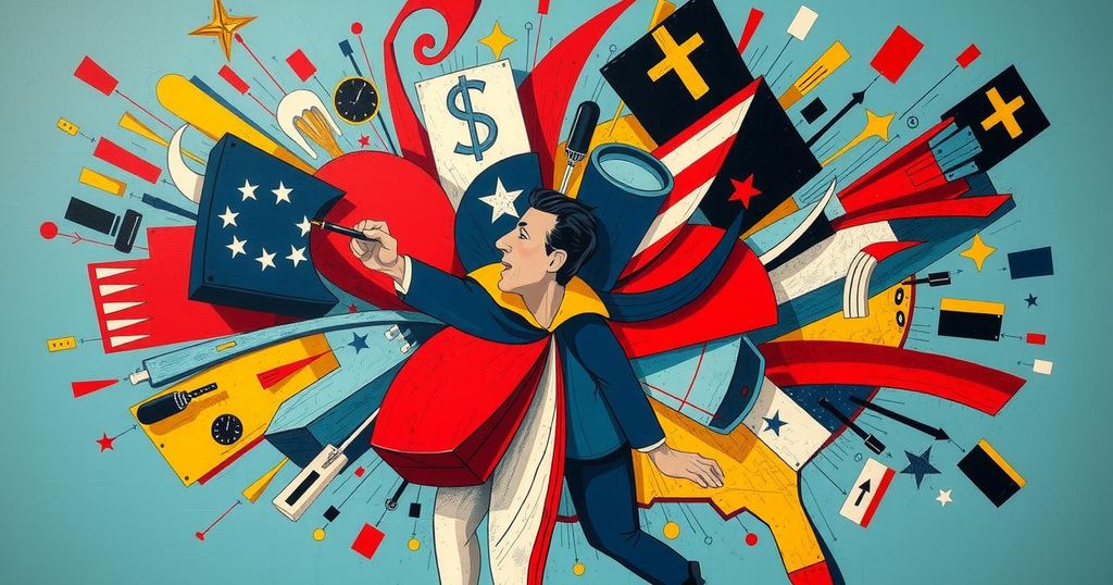 Rappresentazione artistica del caos politico negli Stati Uniti, colori forti ed elementi di potere e trasformazione.