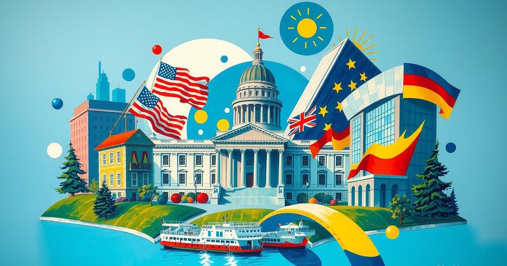 Painting of Rhode Island's political landscape, showing a vibrant state capitol with abstract symbols of governance.