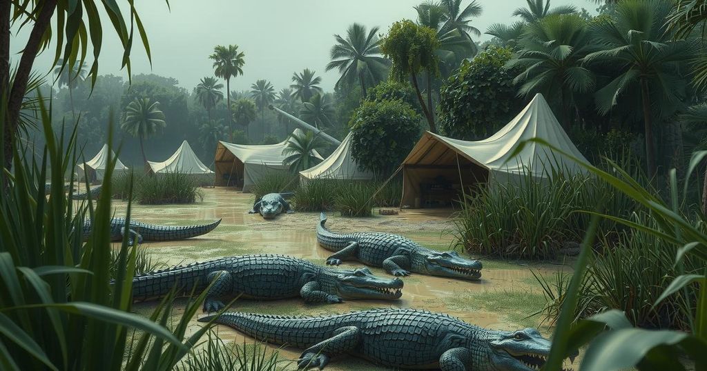 A surreal landscape depicting a temporary migrant camp surrounded by alligators and dense wilderness in muted greens and browns.