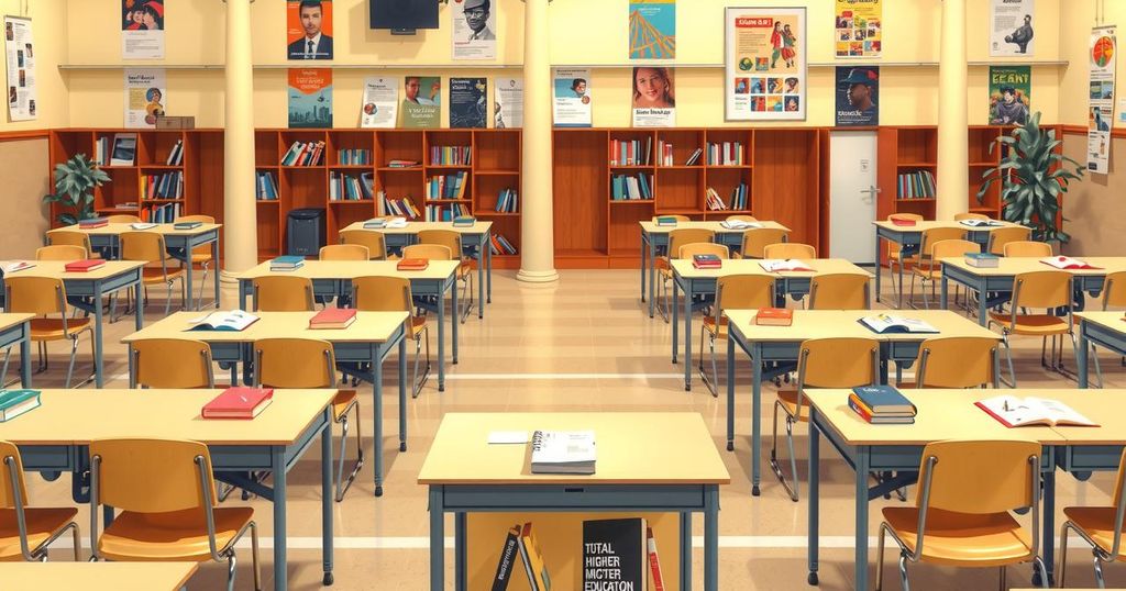 Rappresentazione dell'istruzione superiore con un'aula universitaria illuminata e libri sparsi, riflesso dei conflitti legali.
