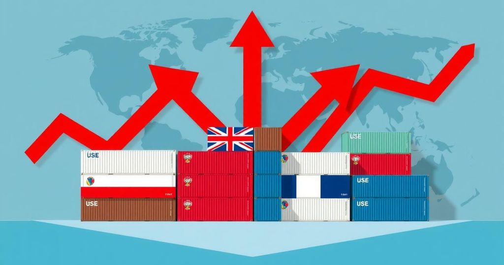 A trade war concept illustration featuring symbolic representations of tariffs, trade barriers, and contrasting flags.