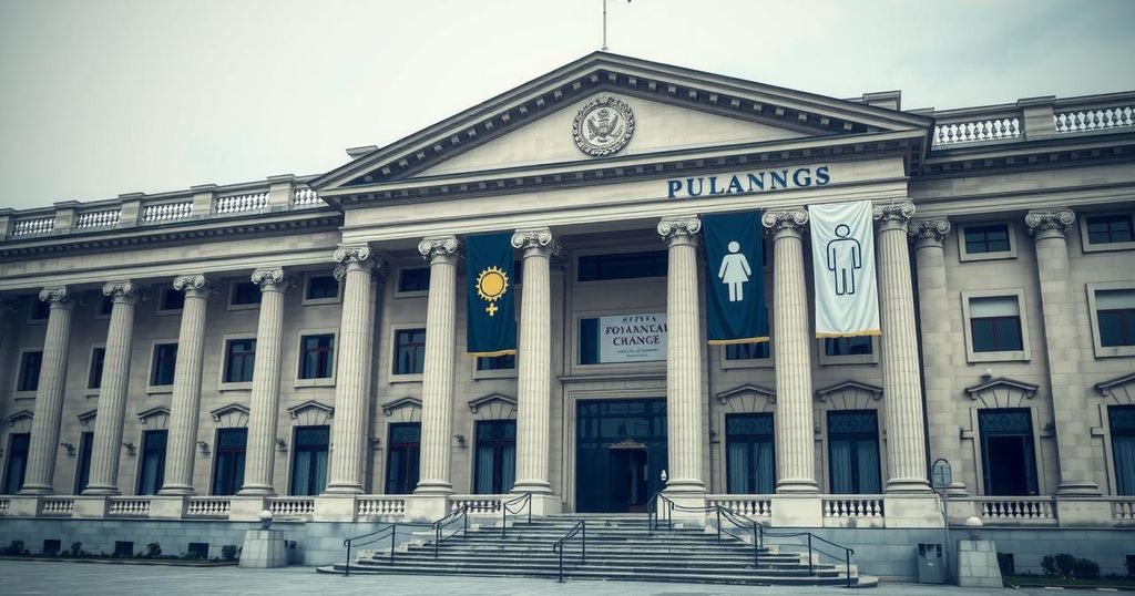 A government building with flags and gender symbols showcasing two distinct categories, male and female, in official documentation.