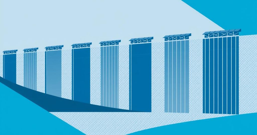 Rappresentazione astratta di un muro di confine con colori blu e grigio, per simbolizzare la sicurezza e l'immigrazione.