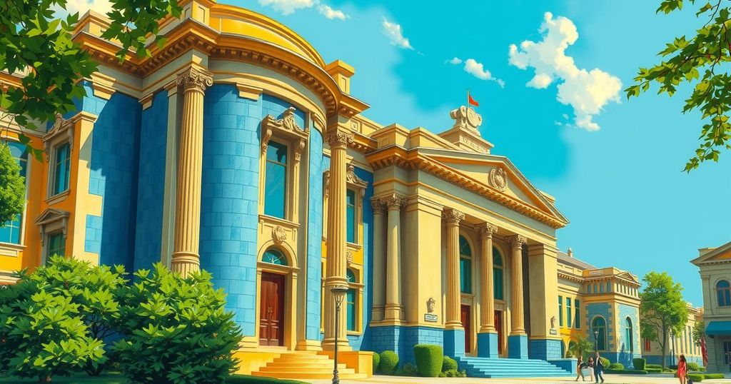 Giurisprudenza e conflitto politico rappresentati da un edificio universitario iconico con bandiere e sicurezza.
