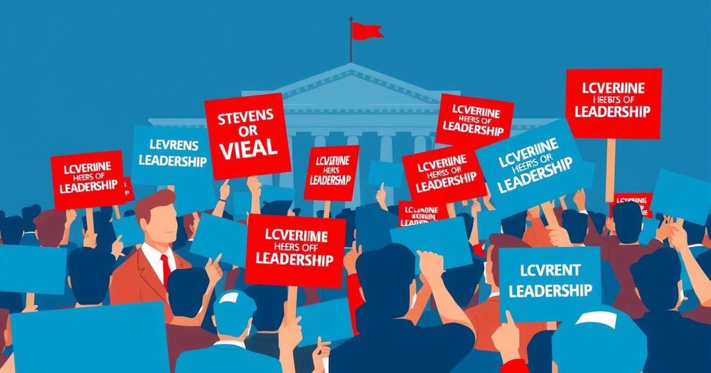 A divided crowd symbolizing contrasting views on government leadership, with shades of blue and red representing partisanship.