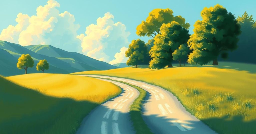 Symbolic fork in the road amidst a picturesque landscape representing choices and opportunities.