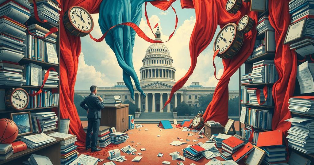 Rappresentazione artistica di un'agenzia governativa in ristrutturazione, con colori forti e stile surrealista.