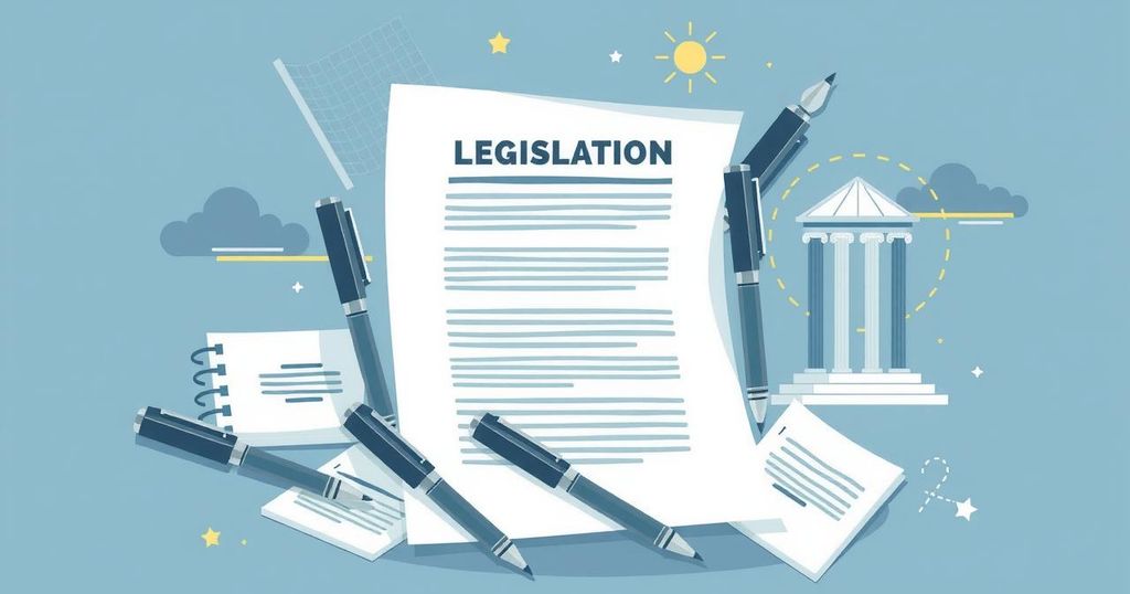 Un disegno astratto che rappresenta un documento legislativo con penne e simboli del governo, tonalità blu e grigio.