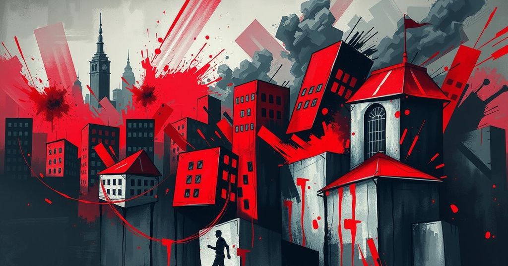 Political turmoil in Washington depicted with symbolic imagery of government agencies and abstract upheaval.