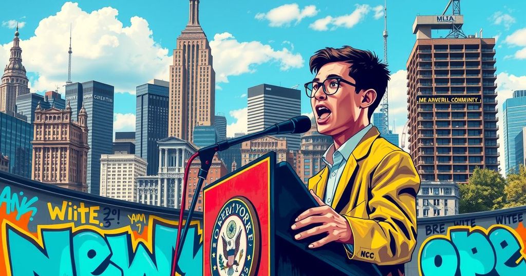 Ritratto di un giovane politico progressista a New York, con sfondi urbani e un cielo blu.