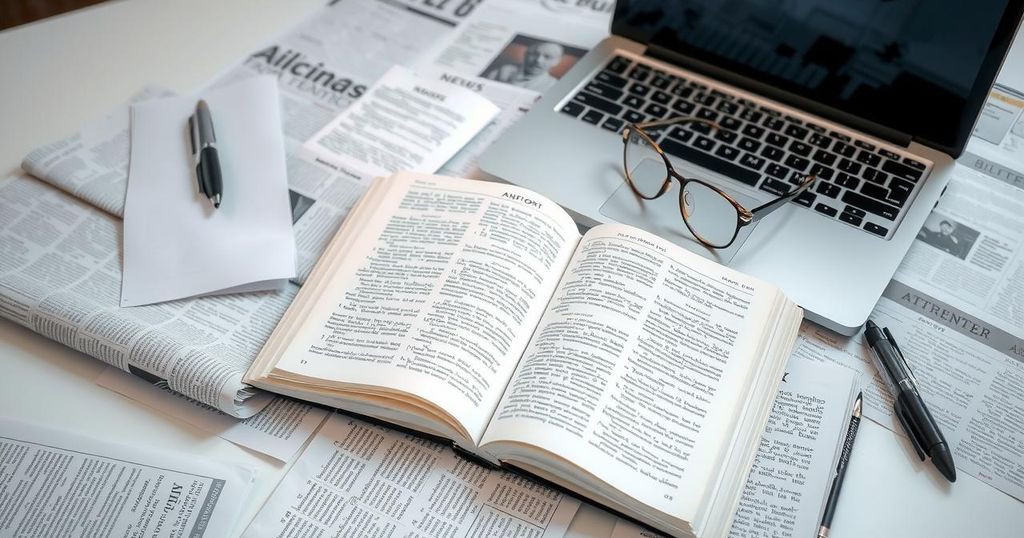 Un libro aperto su uno sfondo di pagine di giornale e un computer portatile, rappresenta analisi e comunicazione.