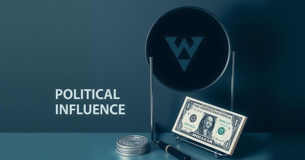 Documentary about political influence with symbolic money representation and transparency themes in dark colors.