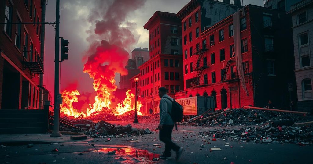 Sguardo simbolico alla crescita della violenza politica negli Stati Uniti, include fiamme e distruzione in un ambiente urbano.