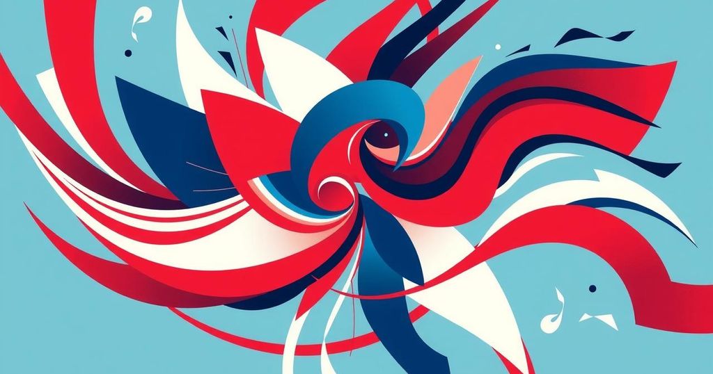 An abstract representation of political discussions with vibrant colour bursts symbolising opinion contrasts.