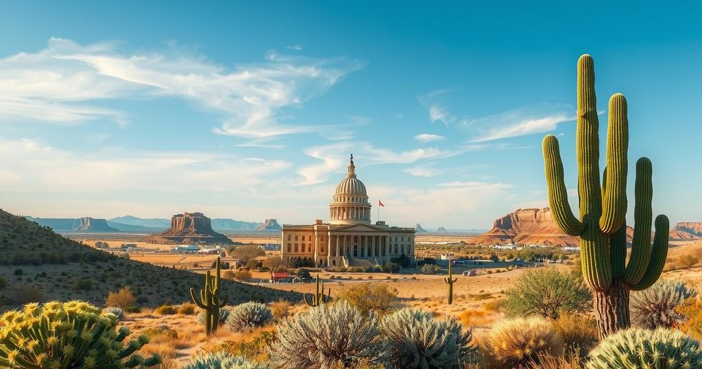 Texas lawmakers discuss military action response with striking visuals of Texas landscape and legislative symbols.