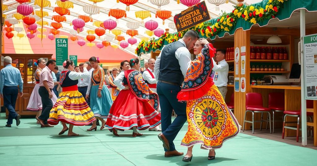 Danza popolare al North Carolina State Fair, con colori vivaci e abiti tradizionali, atmosfera festosa per le famiglie.