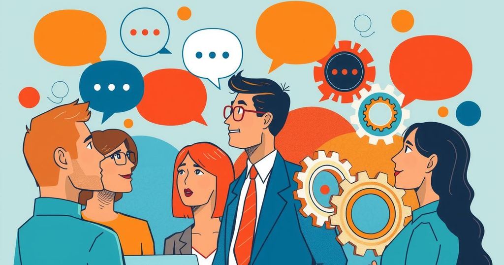 Un'illustrazione che mostra una scena di discussione su Elon Musk e il governo degli Stati Uniti, con diverse opinioni rappresentate.