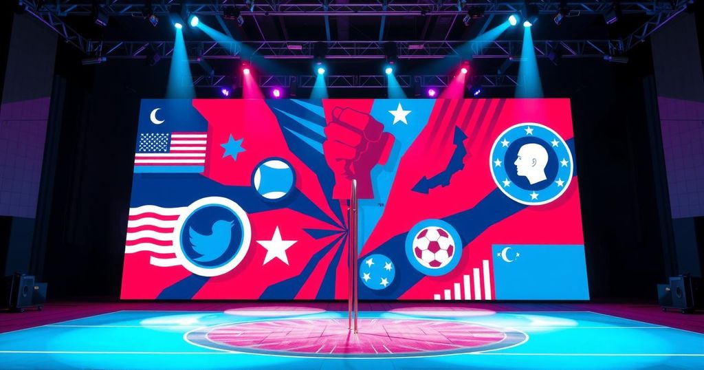 A vibrant stage with colourful lighting and bold graphics, representing the fusion of sports and political expression.