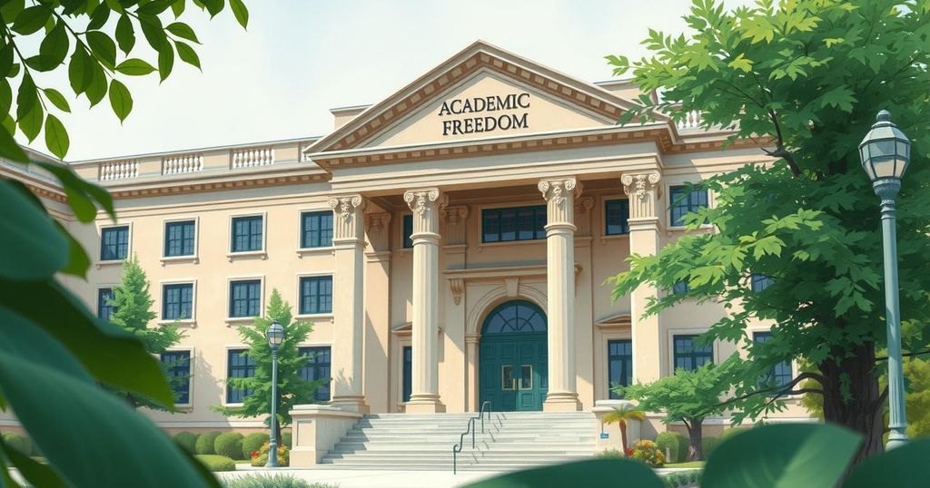 Università con marmi, libri e architettura classica, simboleggiando l'accademia e la libertà accademica.