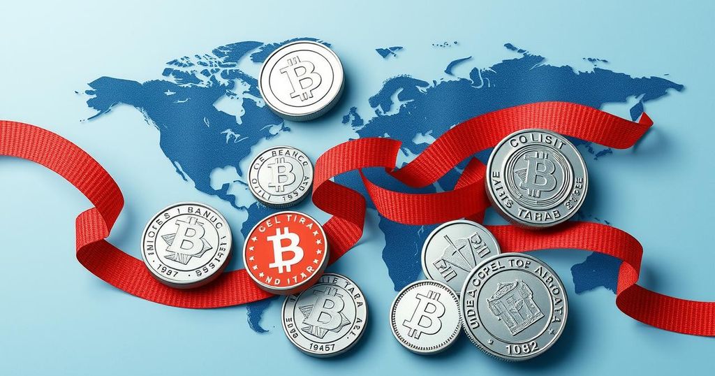 A symbolic representation of trade tariffs, featuring coins and borders with abstract designs in a patriotic colour scheme.