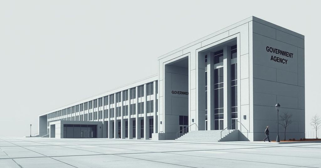 Lo scenario di un'agenzia governativa in diminuzione con edifici minimalisti e colori grigi proiettati nel futuro.