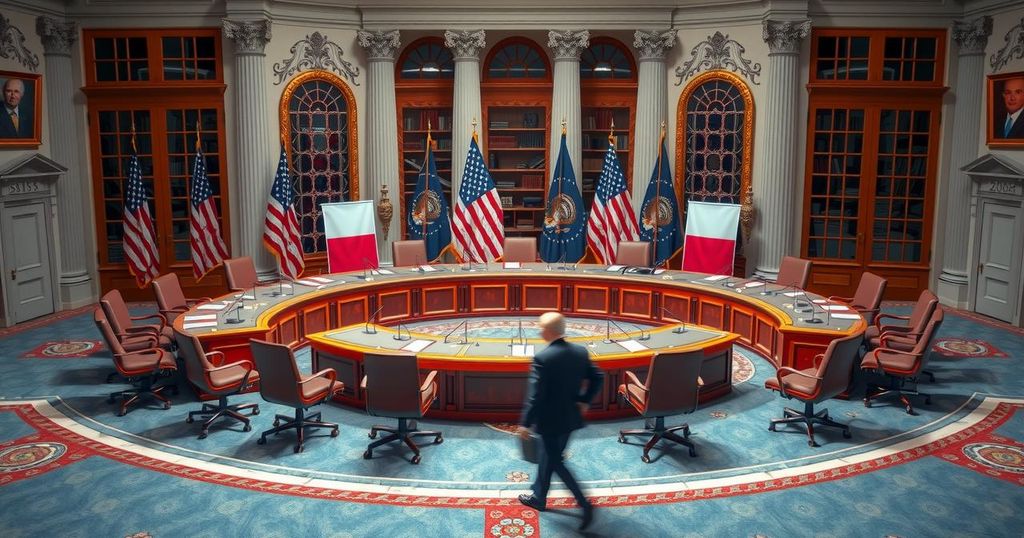 Riunione di senatori con bandiere americane e simboli di bipartisan contro le politiche commerciali.