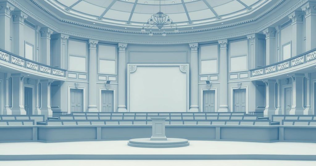 Un'aula legislativa vuota con un podio al centro, decorato in blu e bianco con una luce soffusa.