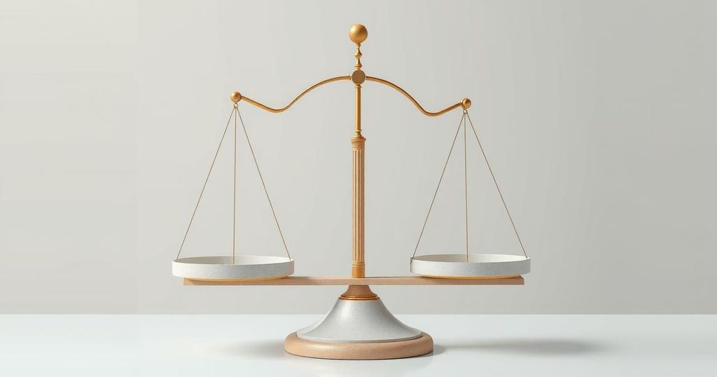 Una rappresentazione astratta di un bilancio politico con colori neutri, simboleggiando la ricerca di moderazione politica.