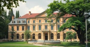 Un'università storica con architettura classica e alberi, simbolo di accademica e libertà intellettuale in un contesto politico.