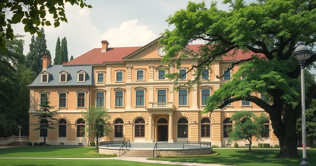 Un'università storica con architettura classica e alberi, simbolo di accademica e libertà intellettuale in un contesto politico.