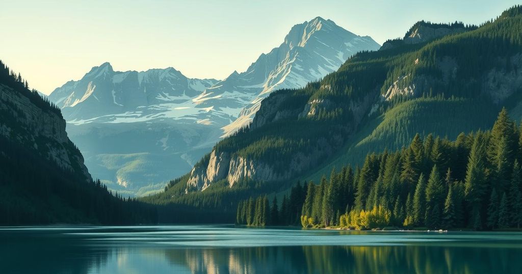 Un paesaggio canadese sereno con foreste e montagne, simbolo della stabilità politica e del cambiamento.