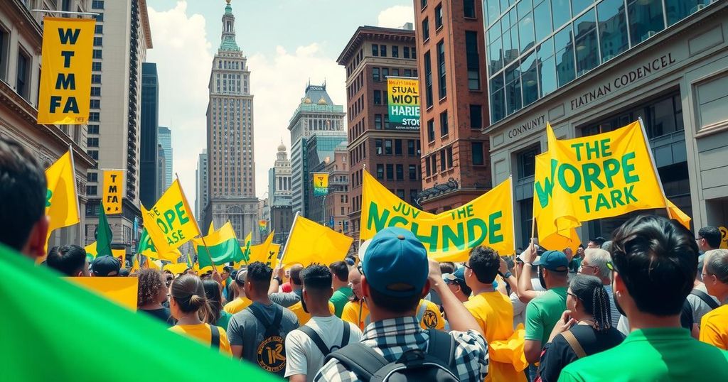 Vibrant political rally in New York, filled with colorful banners and a diverse crowd showing support for change.