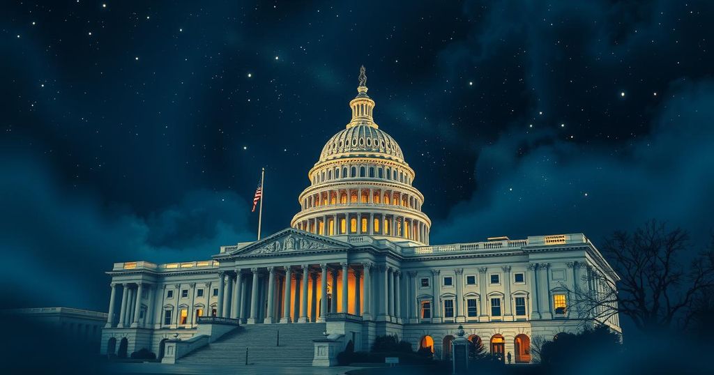 US Senate in session during vote-a-rama with Capitol building at night, reflecting political activity.
