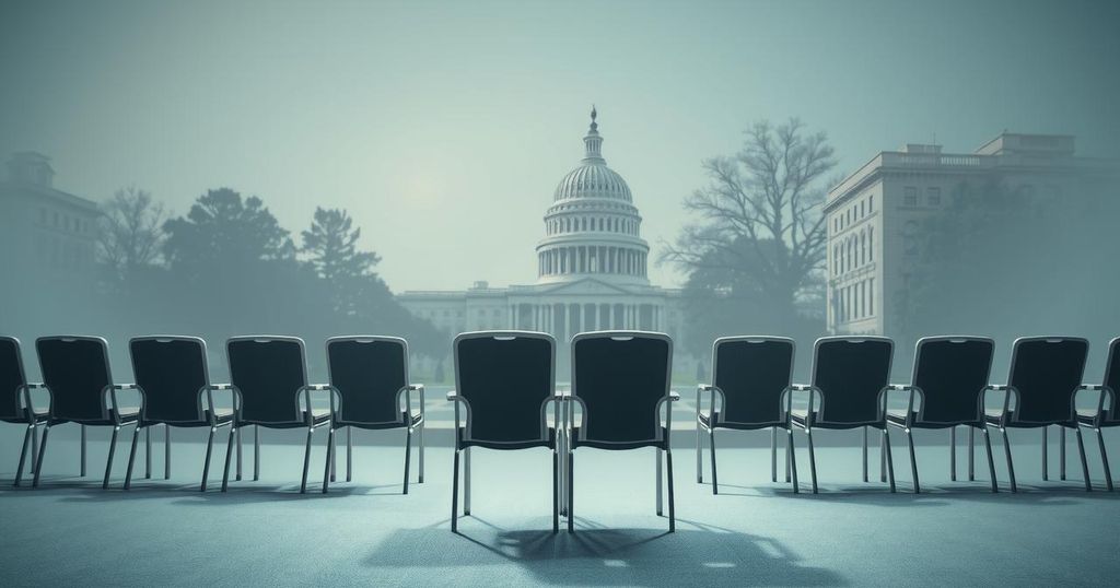 A stylised illustration of a political gathering with empty chairs and a backdrop of a Capitol building in muted tones.