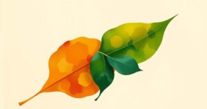 Due foglie di colori vivaci che si intrecciano su uno sfondo sereno, simbolo di unioni diverse tra opposti.