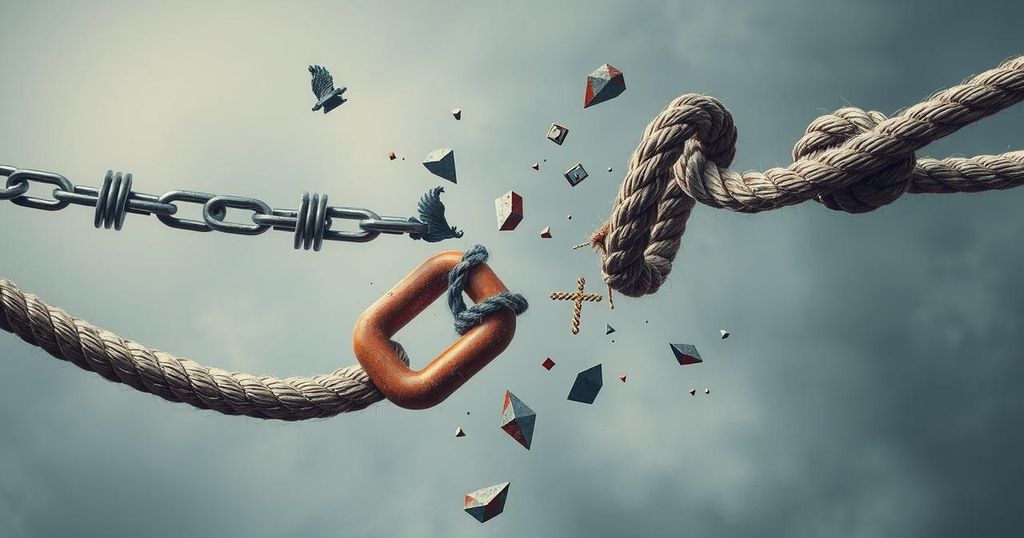 A symbolic representation of political division with broken chains and frayed ropes, using a muted colour palette.