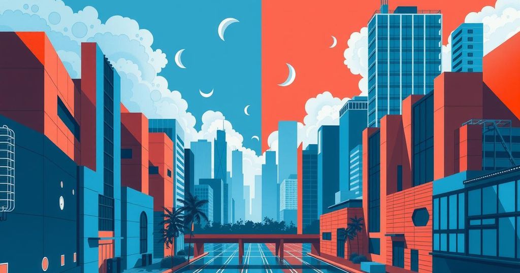 Un paesaggio urbano astratto che riflette divisioni politiche nel business, con toni blu e rossi in contrasto.