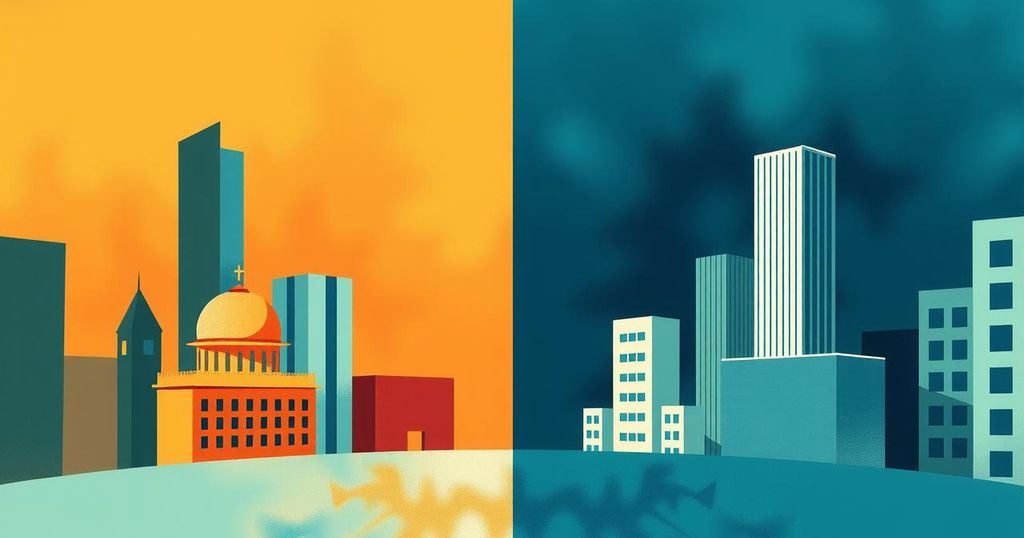 Un paesaggio urbano diviso simbolicamente da due colori, rappresentando opinioni contrastanti su leadership e cambiamento.