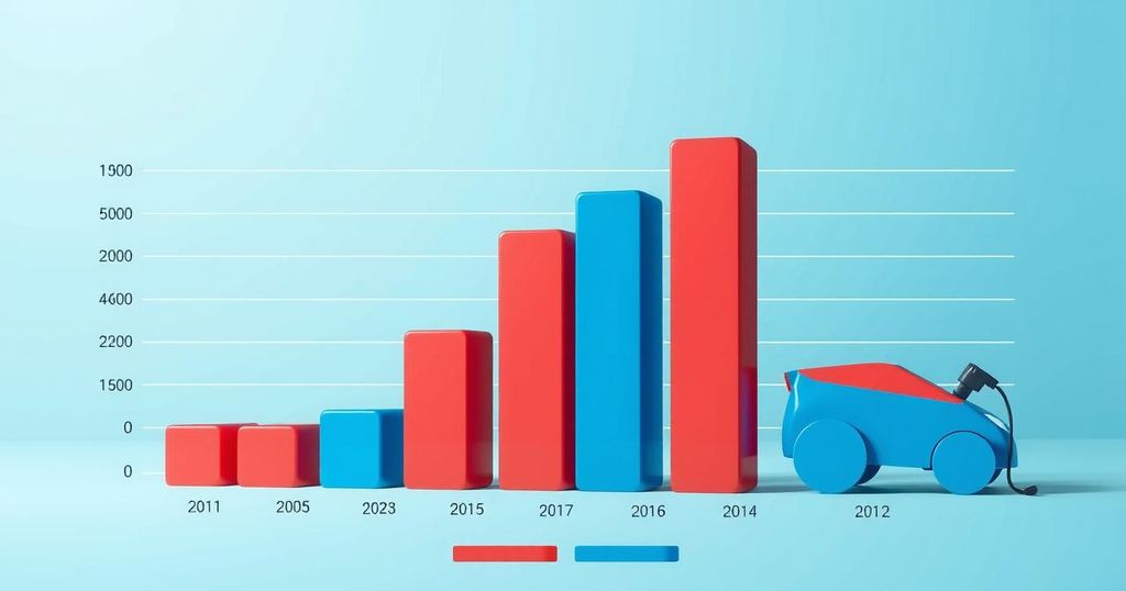 Un grafico che rappresenta l'andamento delle vendite di veicoli elettrici con colori blu e rosso.