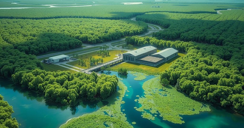 Everglades landscape featuring a detention center, surrounded by lush greenery and swamp with vibrant colours.
