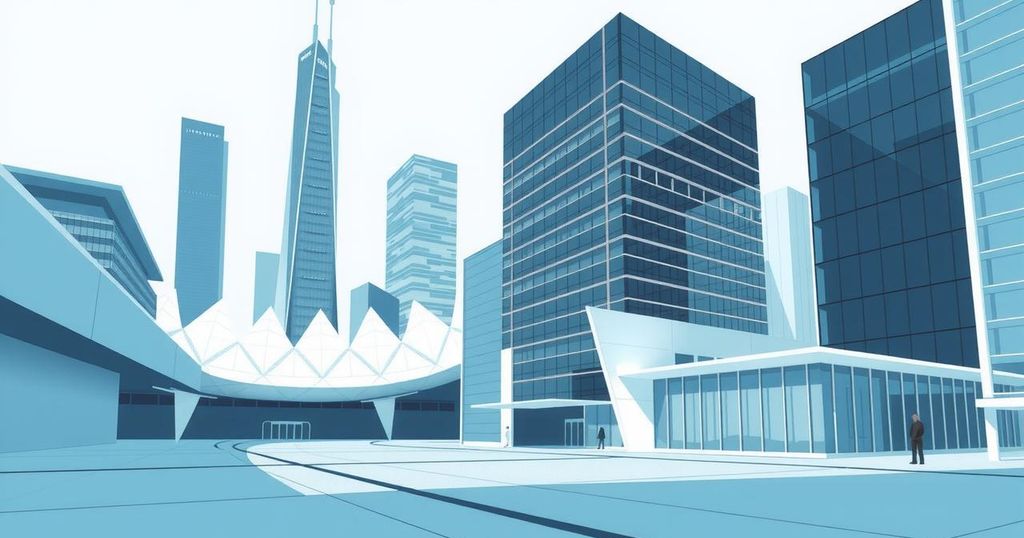 Scena di un paesaggio urbano con architettura moderna, colori blu e grigi, stile minimalista.