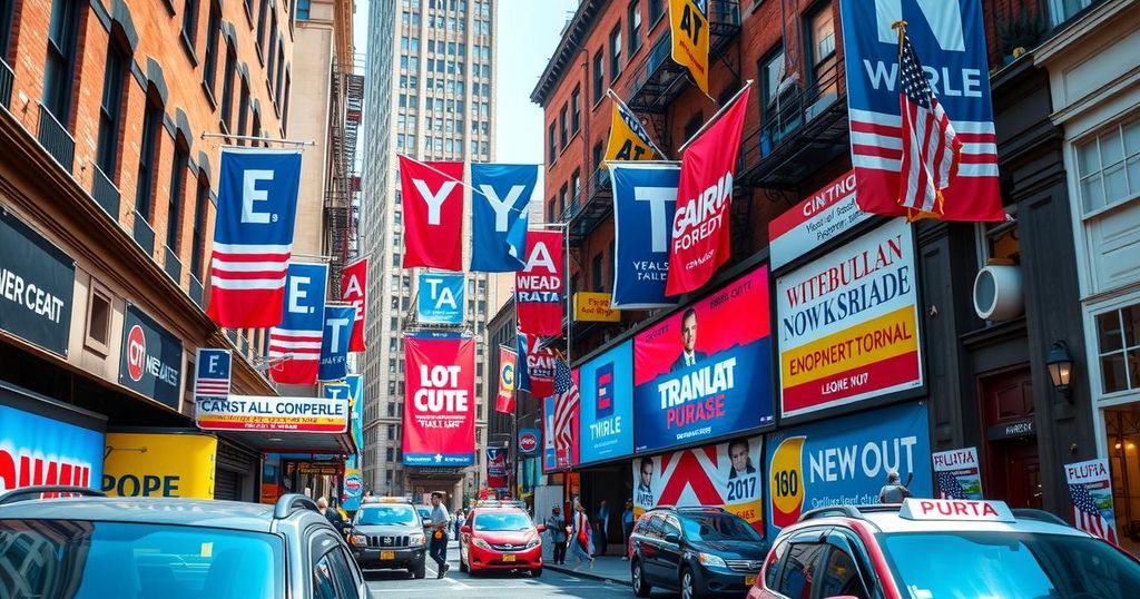 Rappresentazione simbolica della campagna elettorale a NYC con manifesti e colori vivaci.